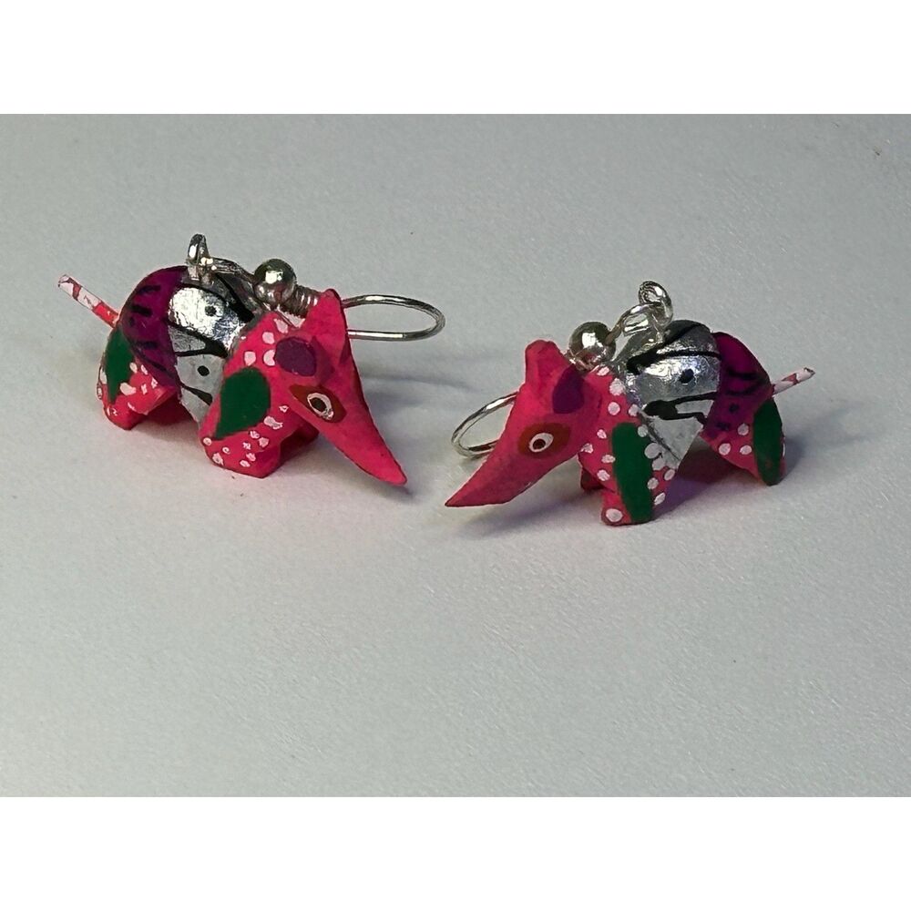 Neon Pink Bull Alebrije Earrings Hand Carved Painted Wood Oaxaca Mexican Folk